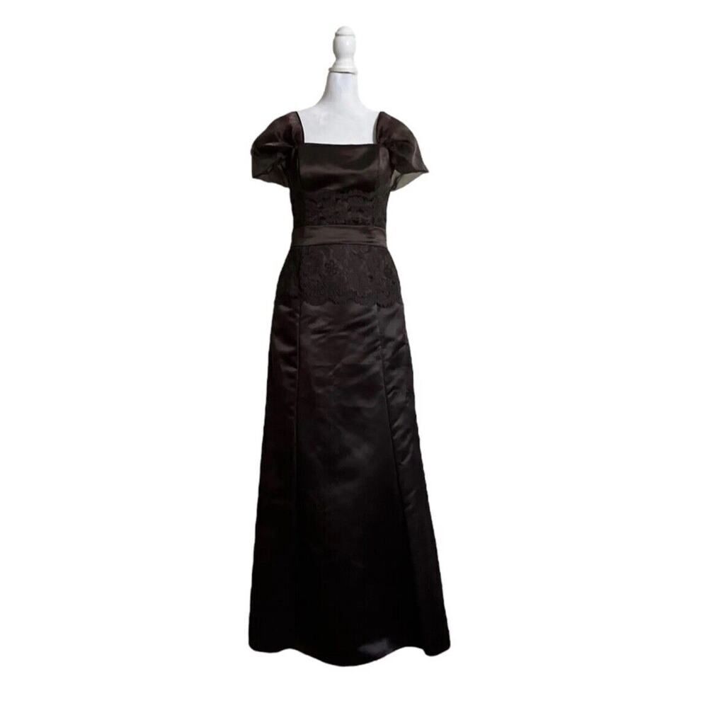 Vintage Scott McClintock Espresso Maxi Dress Lace Princess Sleeve Designer US 8